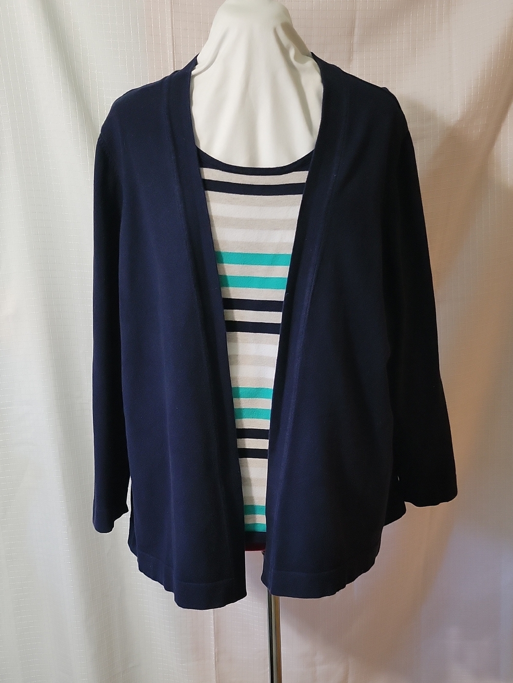 CJ Banks Navy Open-Front Cardigan with Teal & White Striped Attached Tank